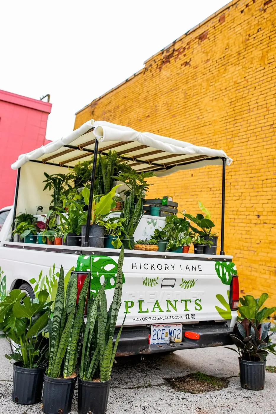 Mobile Joe from the back, canvas top up and the bed loaded with plants